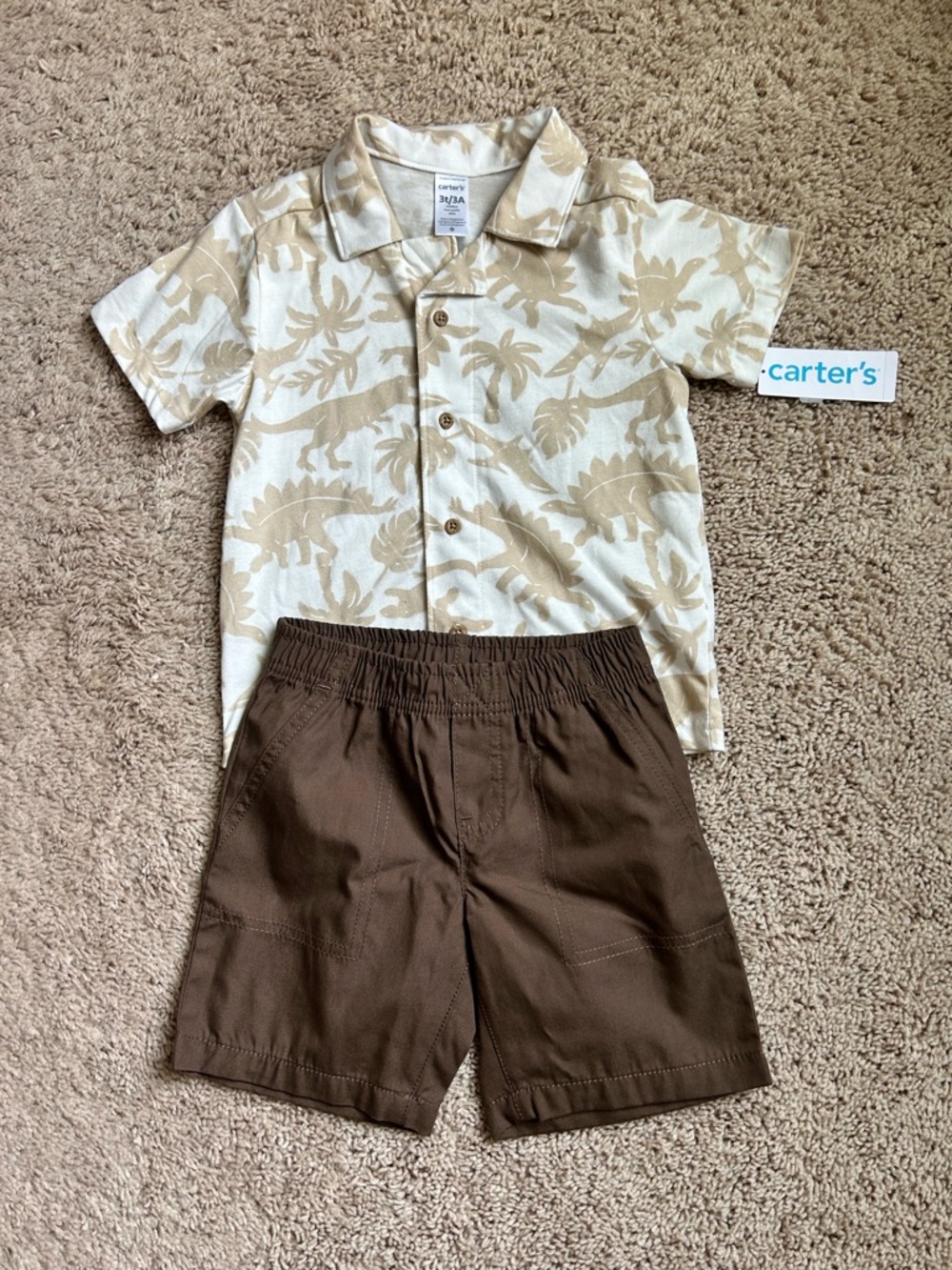 Carter's Tan Dino Print Button-Up Shirt with Brown Shorts